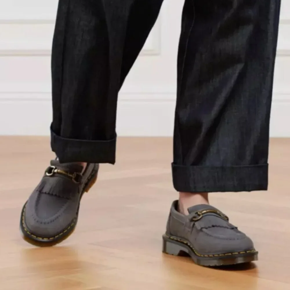 Dr. Martens Gray Suede Kiltie Loafers with Brass Hardware